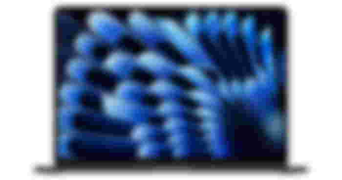 Apple MacBook Air product image of an open Midnight-coloured laptop with a light and dark blue pattern on the display.