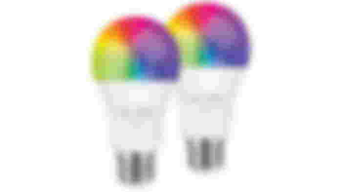 Wyze Bulb Color product image of two white lights with multicoloured bulbs.