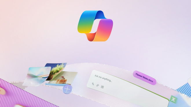 Microsoft's Copilot logo above some open apps in a press image