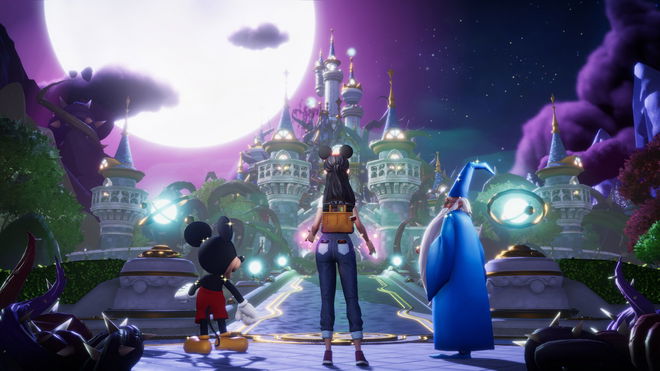 Mickey Mouse, Merlin and a woman look across a bridge to a magical castle - dreamlight valley quest bug