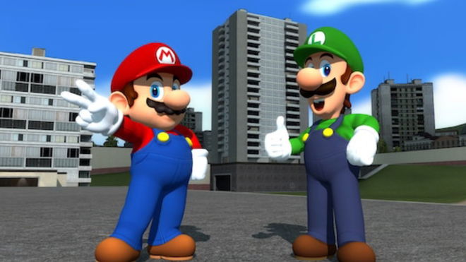 Mario and Luigi posing in GMOD’s city map 