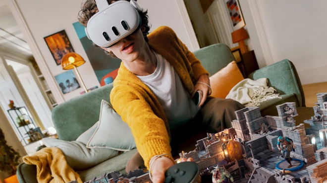 A person wearing a Meta Quest 3 headset with augmented reality items appearing in front of the. 