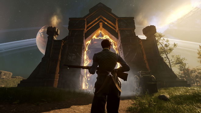 Nightingale player holding gun with glowing portal in background