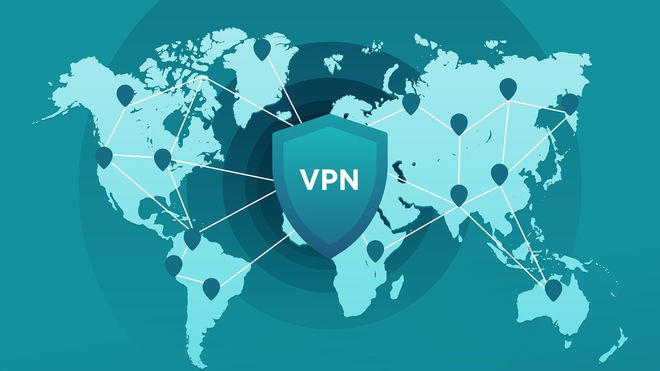 VPN inside a blue shield with a network connected around the world.