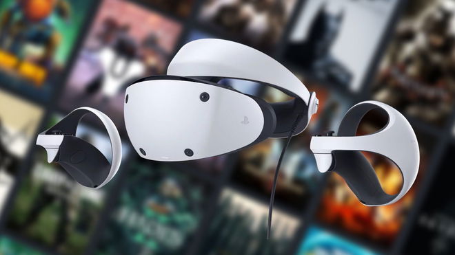 A white PlayStation PSVR 2 headset in front of a Steam library background