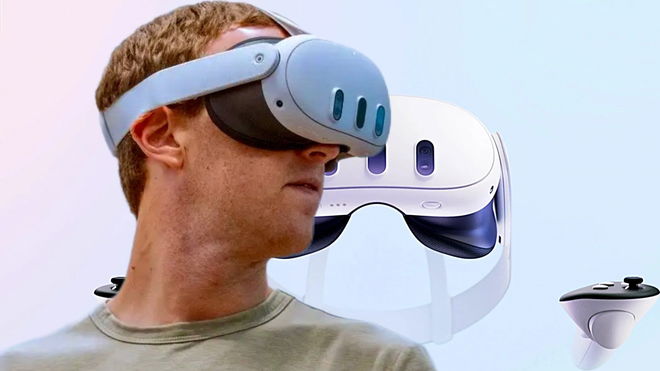 Mark Zuckerberg wearing a Meta Quest 3 VR headset looking to the right on top of a commercial background product shot of the hardware