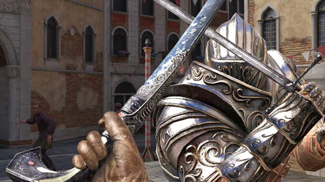 Assassin’s Creed Nexus VR first person gameplay showing a player parrying an Italian Knight’s sword hit 