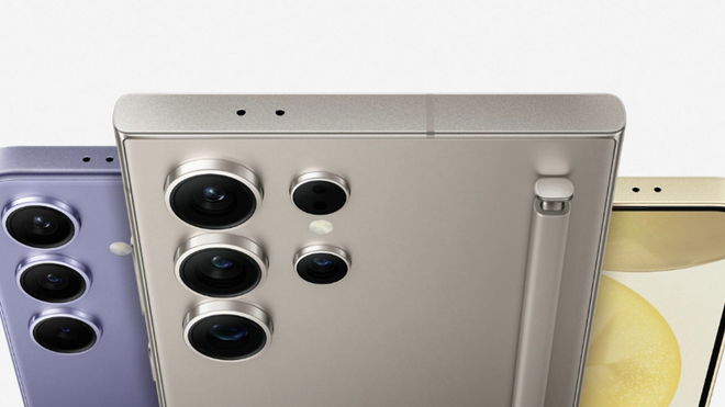 Samsung Galaxy S24 phones lined up in a press image