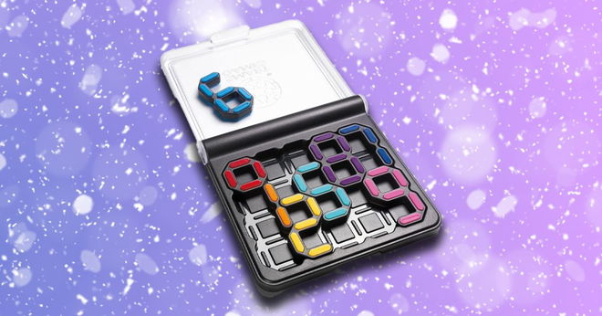 A black box with multicolored lines making up numbers inside it in front of a purple and pink snowy background.