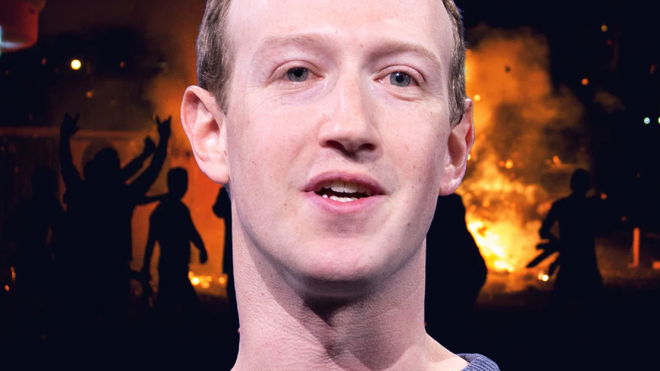 Meta ceo mark Zuckerberg in front of a riot image to suggest the company’s part in inciting violence in Ethiopia. 