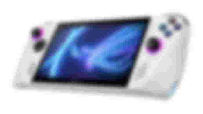 ASUS ROG Ally product image of a white handheld console with pink trim around the thumbsticks.