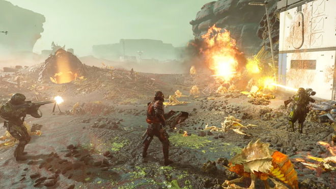 Helldivers 2 mic not working - An image of numerous helldivers shooting with their guns