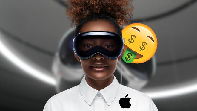 Apple Vision Pro on a woman in press image in front of a money emoji