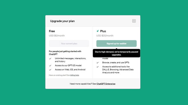 ChatGPT Plus waitlist - An image of the ChatGPT Plus subscription interface