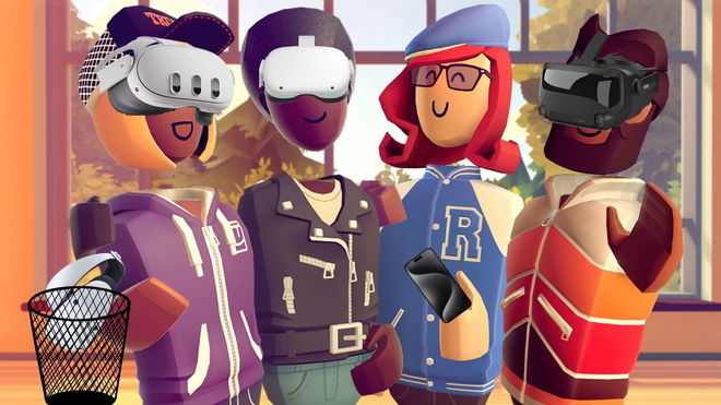 Rec Room characters with VR headsets and phones, with PSVR 2 in the bin