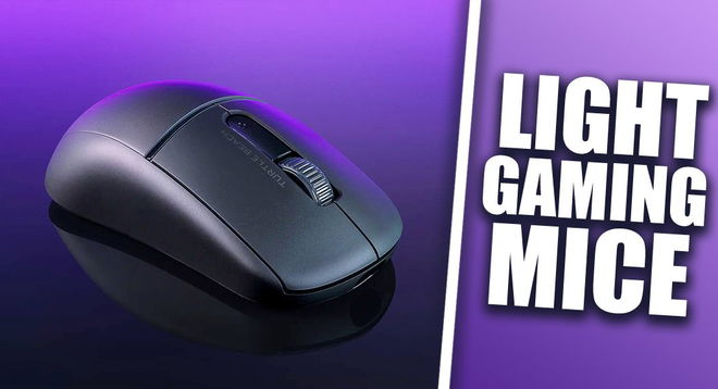 A black mouse in front of a purple background, plus "LIGHT GAMING MICE" branding in white to the side.