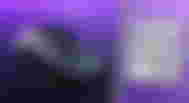 A black mouse in front of a purple background, plus "LIGHT GAMING MICE" branding in white to the side.
