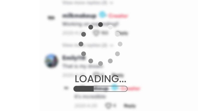 A TikTok comments section with a loading indicator, showing comments that are not fully loading or working