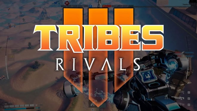 The Tribes 3: Rivals logo on top of gameplay of the FPS multiplayer game 