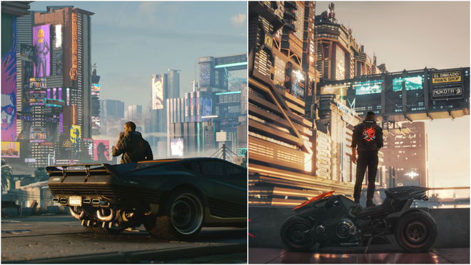Cyberpunk 2077 V standing next to car and bike with Night City in background