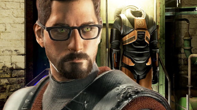 Gordon Freeman render on top of an image of the Half-Life 2 RTX remake HAVC suit 