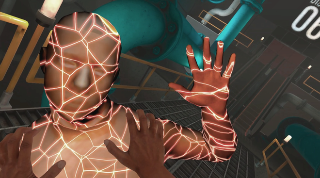 A figure covered in orange lines attacks - Bonelab mods