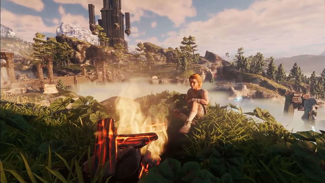Enshrouded classes - Player sits in front of campfire