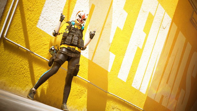 The Finals Steam Deck - An image of a masked in-game character leaning on an yellow wall