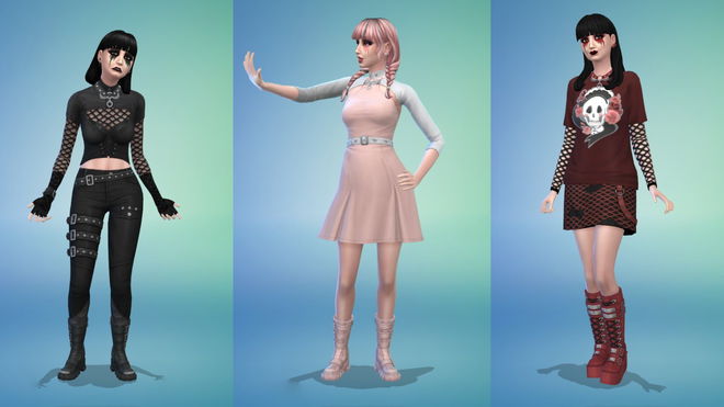 Three Sims 4 Goth Galore created characters standing in a blue room