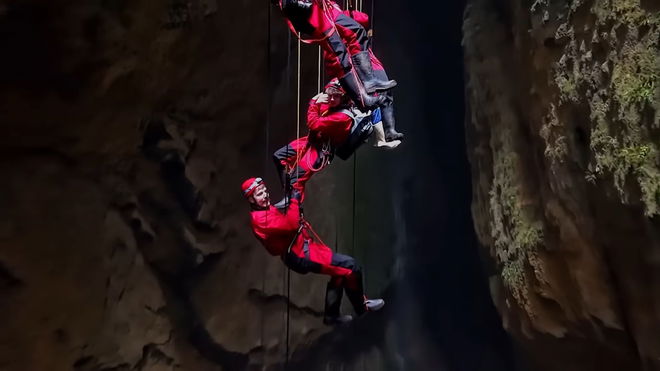 MrBeast and team in a cave