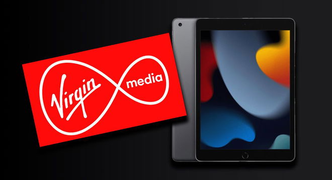 Virgin Media logo in white and red next to a Space Grey 9th Gen iPad with grey, red, orange, blue, and green sploges on the display.