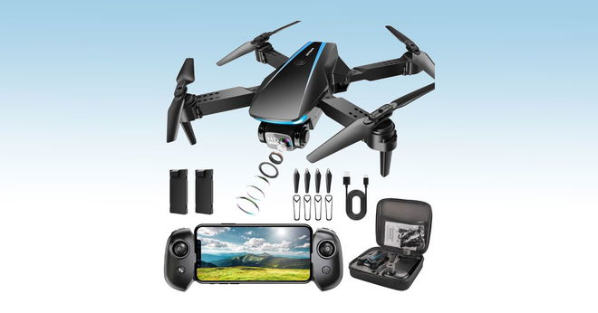 A black mini drone with blue trim surrounded by all its accessories and sat in front of a white and light blue gradient background.