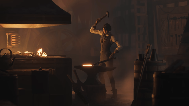 nightingale trailer character hitting iron anvil with hammer augmentations nearby