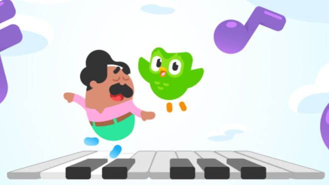 get Duolingo Music - An image of the Duolingo mascot owl and a piano