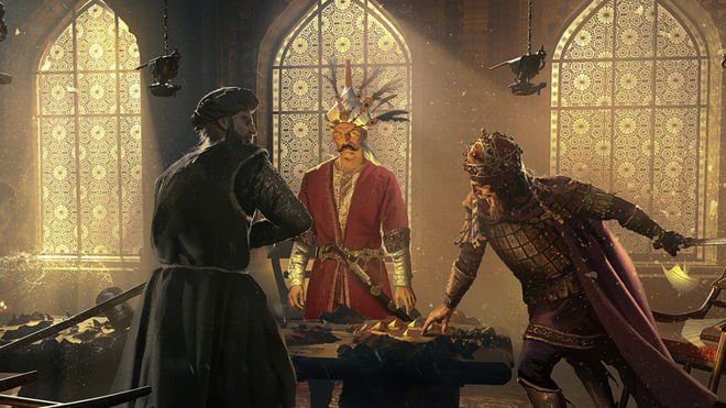 Concept art from Europa Universalis 4's King of Kings DLC, showing three men around a table, apparently scheming.