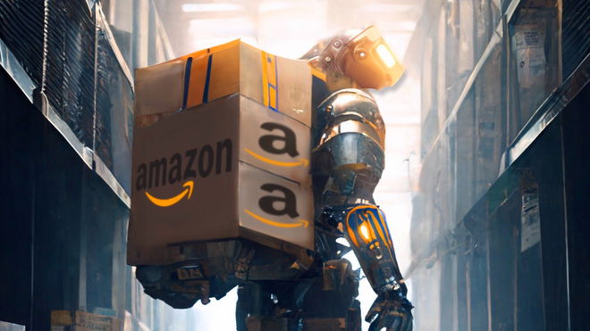 An Amazon robot workers holding boxes on its back in a dystopian warehouse