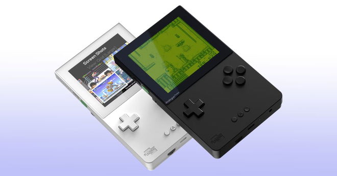 Two retro handheld game consoles, one in white and the other in black, in front of a white and light purple background.