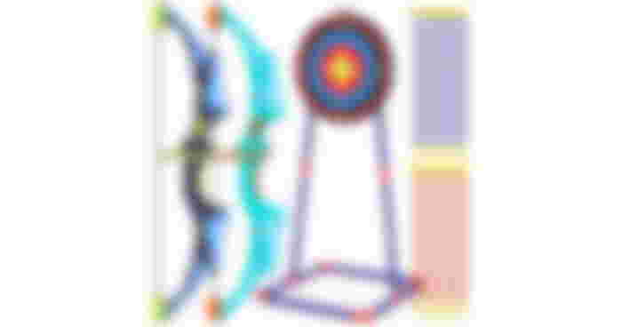 Two children's bow and arrows, one in green, and one in blue, with a target as well.