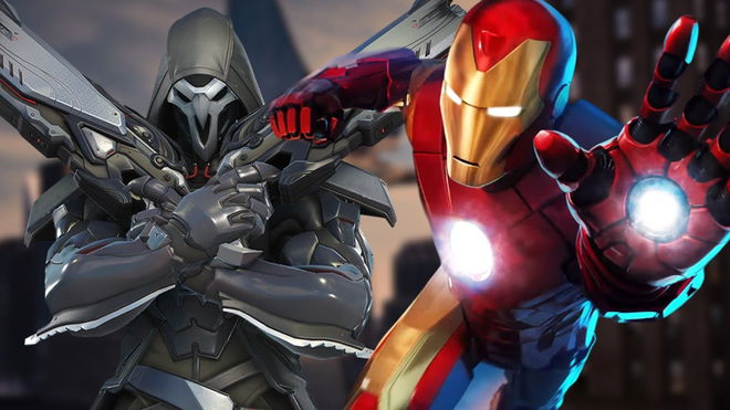Iron Man aiming his hand next to Reaper from Overwatch holding his guns