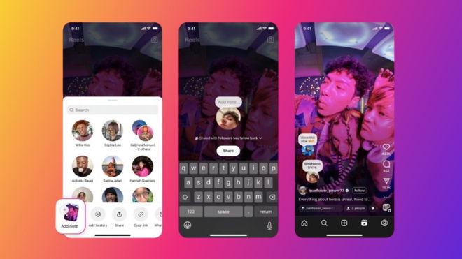 An Instagram tutorial showing three steps to add a note on a reel, including selecting "Add note," typing the note, and sharing it with followers.