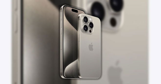 A titanium iPhone 15 Pro shot from the front and back, with an enlarged blurred image of the phone behind it.
