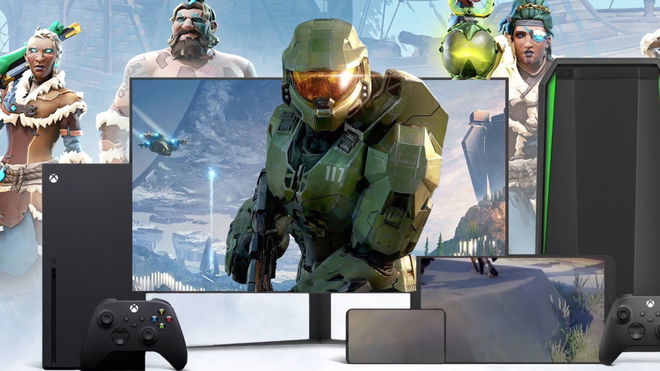 Xbox Cloud gaming running on a smartphone, tv and pc with Sea of Thieves pirates and Master Chief