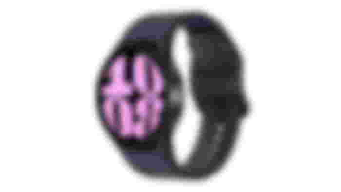 Samsung Galaxy Watch6 product image of a black smartwatch with the time in pink on the display.