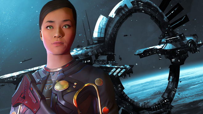 Star Citizen - female commander with a gun stood in front of a space station