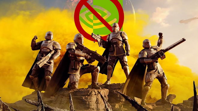 Helldivers 2 key art with Helldivers standing in front of a Nvidia logo that's crossed out