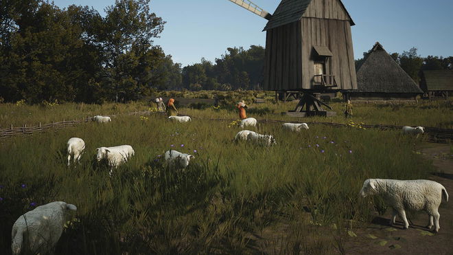Manor Lords breed sheep: A pasture of sheep eating grass, with several farmers working the land behind and a mill in the background.
