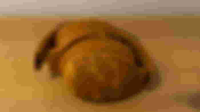 A set of Washed Tan camo over-ear headphones on a light brown wood surface.