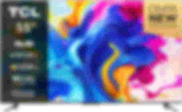 TCL 55C641K product image of a black near-frameless TV featuring a wavy pink, orange, and blue pattern on the display along with TCL branding.