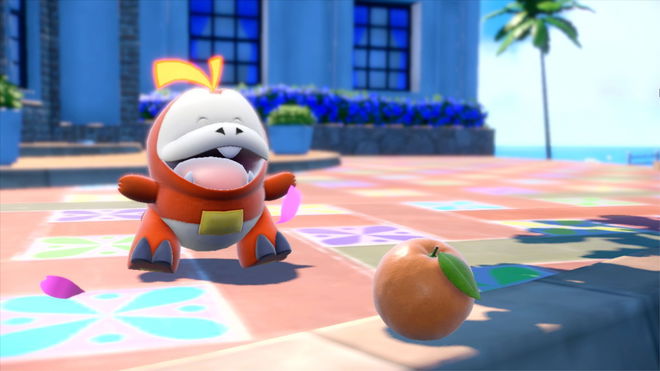 Pokémon Scarlet and Violet gen 9 leaks: fire starter Fuecoco looking at an apple 