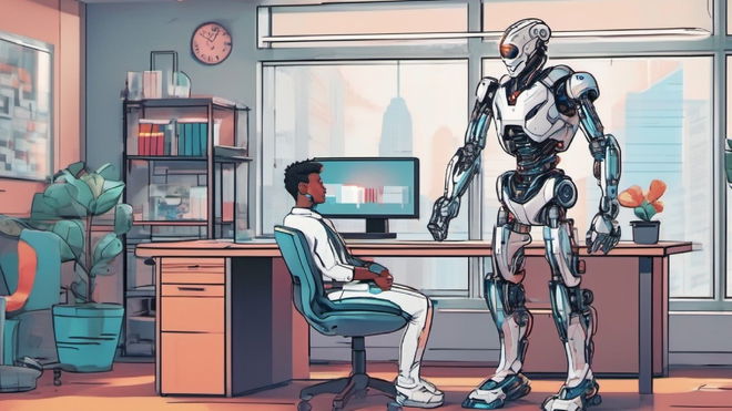 Kid sitting at a desk talking to an AI robot in a nicely lit office space